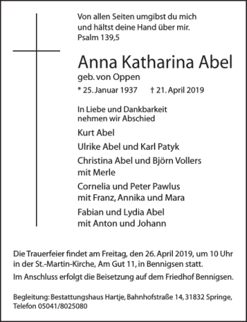 Traueranzeige von Anna Katharina Abel von Neue Deister-Zeitung