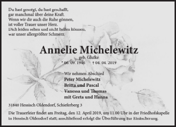 Traueranzeige von Annelie Michelewitz von Deister- und Weserzeitung