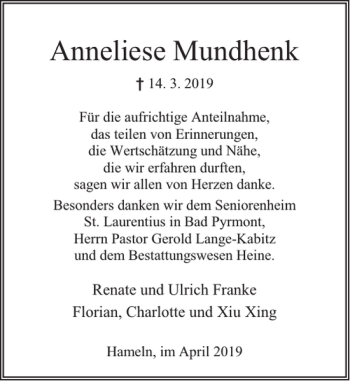 Traueranzeige von Anneliese Mundhenk von Deister- und Weserzeitung