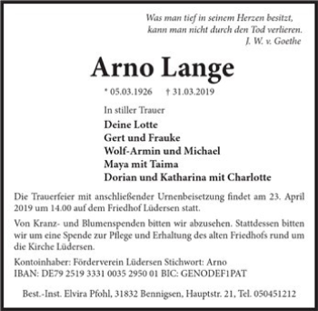 Traueranzeige von Arno Lange von Neue Deister-Zeitung