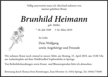 Traueranzeige von Brundhild Heimann von Neue Deister-Zeitung
