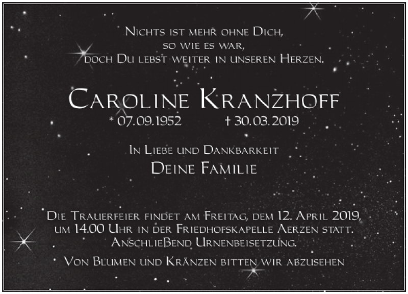  Traueranzeige für Caroline Kranzhoff vom 06.04.2019 aus Deister- und Weserzeitung