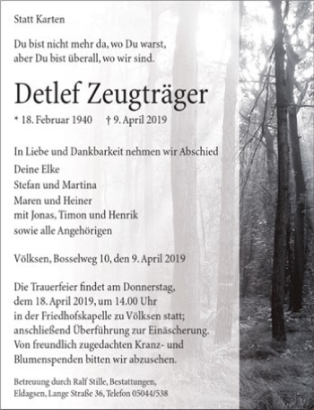 Traueranzeige von Detlef Zeugträger von Neue Deister-Zeitung