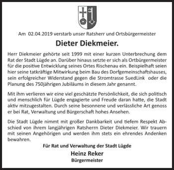 Traueranzeige von Dieter Diekmeier von Deister- und Weserzeitung