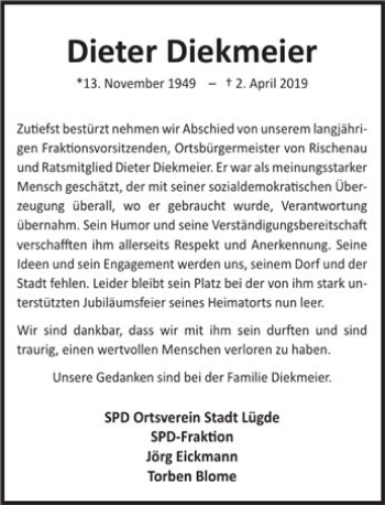 Traueranzeige von Dieter Diekmeier von Deister- und Weserzeitung