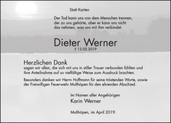Traueranzeige von Dieter Werner von Deister- und Weserzeitung