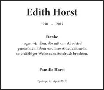 Traueranzeige von Edith Horst von Neue Deister-Zeitung