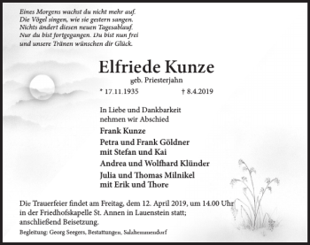 Traueranzeige von Elfriede Kunze von Deister- und Weserzeitung