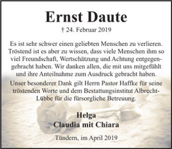 Traueranzeige von Ernst Daute von Deister- und Weserzeitung