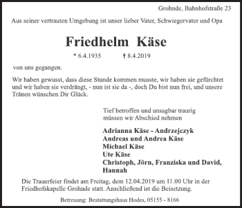 Traueranzeige von Friedhelm Käse von Deister- und Weserzeitung