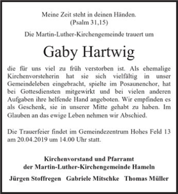 Traueranzeige von Gaby Hartwig von Deister- und Weserzeitung