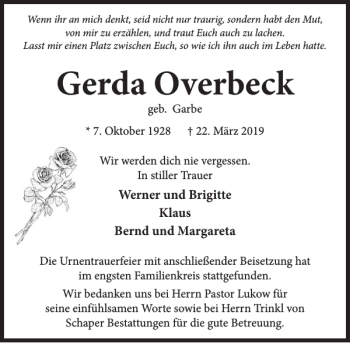 Traueranzeige von Gerda Overbeck von Neue Deister-Zeitung