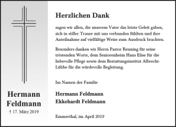 Traueranzeige von Hermann Feldmann von Deister- und Weserzeitung