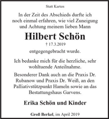 Traueranzeige von Hilbert Schön von Deister- und Weserzeitung