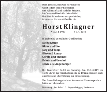 Traueranzeige von Horst Klingner von Deister- und Weserzeitung