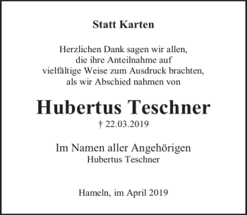 Traueranzeige von Hubertus Teschner von Deister- und Weserzeitung