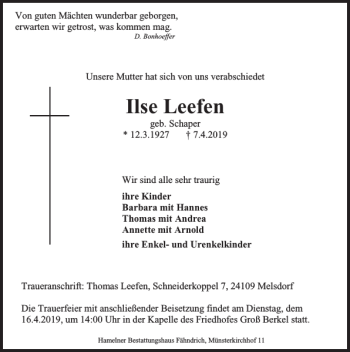 Traueranzeige von Ilse Leefen von Deister- und Weserzeitung