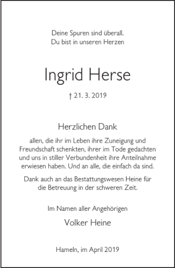 Traueranzeige von Ingrid Herse von Deister- und Weserzeitung