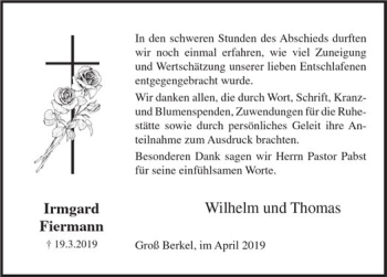 Traueranzeige von Irmgard Fiermann von Deister- und Weserzeitung