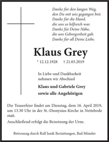 Traueranzeige von Klaus Grey von Neue Deister-Zeitung