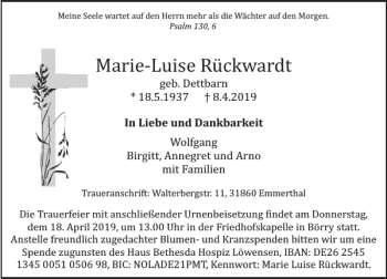 Traueranzeige von Marie-Luise Rückwardt von Deister- und Weserzeitung