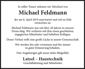 Traueranzeige von Michael Feldmann von Deister- und Weserzeitung