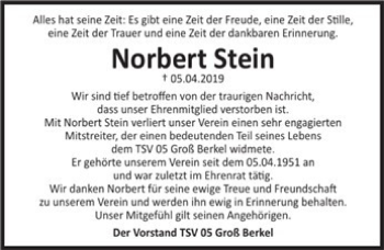 Traueranzeige von Norbert Stein von Deister- und Weserzeitung