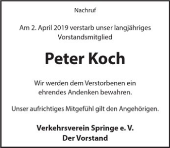 Traueranzeige von Peter Koch von Neue Deister-Zeitung