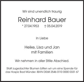Traueranzeige von Reinhard Bauer von Deister- und Weserzeitung
