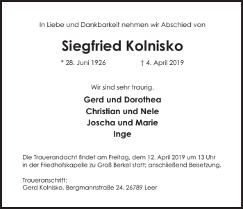 Traueranzeige von Siegfried Kolnisko von Deister- und Weserzeitung
