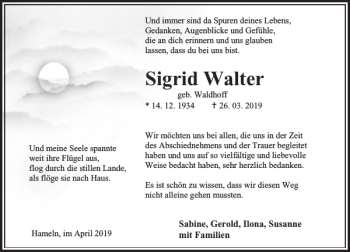 Traueranzeige von Sigrid Walter von Deister- und Weserzeitung