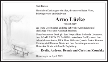 Traueranzeige von TD Arno Lücke von Deister- und Weserzeitung