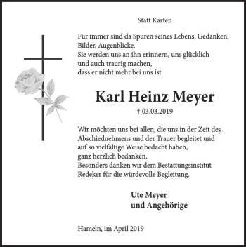 Traueranzeige von TD Karl Heinz Meyer von Deister- und Weserzeitung