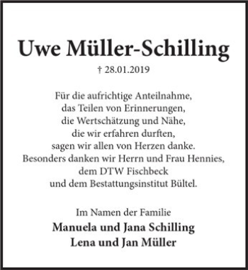 Traueranzeige von TD Uwe Müller-Schilling von Deister- und Weserzeitung