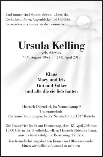 Traueranzeige von Ursula Kelling von Deister- und Weserzeitung