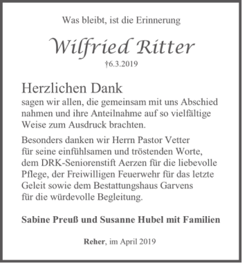 Traueranzeige von Wilfried Ritter von Deister- und Weserzeitung