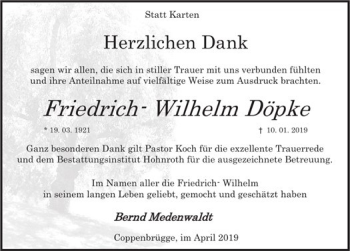 Traueranzeige von Wilhelm Döpke von Deister- und Weserzeitung