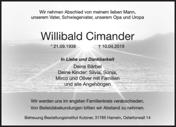Traueranzeige von Willibald Cimander von Deister- und Weserzeitung