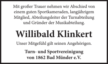 Traueranzeige von Willibald Klinkert von Neue Deister-Zeitung