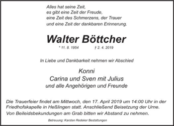 Traueranzeige von walter böttcher von Deister- und Weserzeitung