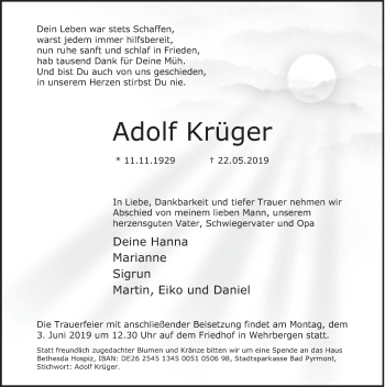 Traueranzeige von Adolf Krüger von Deister- und Weserzeitung