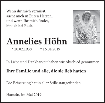 Traueranzeige von Annelies Höhn von Deister- und Weserzeitung