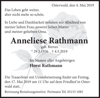 Traueranzeige von Anneliese Rathmann von Deister- und Weserzeitung