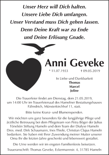 Traueranzeige von Anni Geveke von Deister- und Weserzeitung