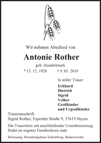 Traueranzeige von Antonie Rother von Deister- und Weserzeitung