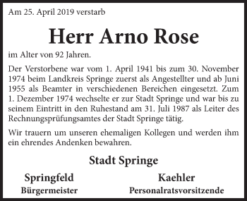 Traueranzeige von Arno Rose von Neue Deister-Zeitung