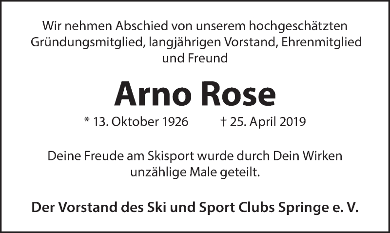  Traueranzeige für Arno Rose vom 11.05.2019 aus Neue Deister-Zeitung
