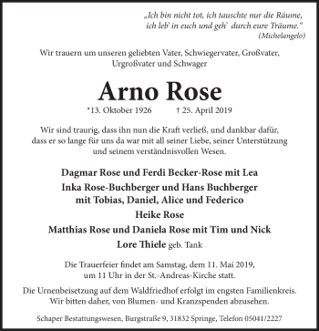 Traueranzeige von Arno Rose von Neue Deister-Zeitung