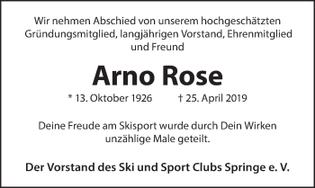Traueranzeige von Arno Rose von Neue Deister-Zeitung