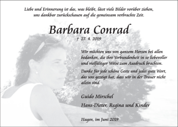 Traueranzeige von Barbara Conrad von Deister- und Weserzeitung